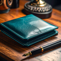 Teal Leather Wallet on Wooden Table with Pen