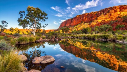 Scenic river landscape with rugged red rock cliffs and green trees reflecting on calm water. Nature concept