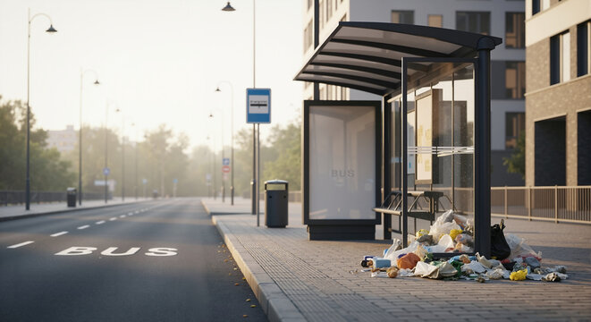 Pile of garbage and trash bags next to a modern bus stop shelter. Urban littering and waste pollution concept on a city street - Powered by Adobe