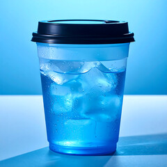 Cup of Water with Ice on Blue Surface