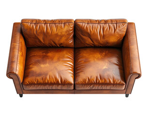 Overhead view of a worn, tufted, brown leather loveseat against a black backdrop
