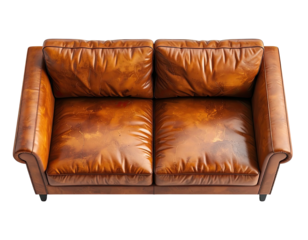 Overhead view of a worn, tufted, brown leather loveseat against a black backdrop