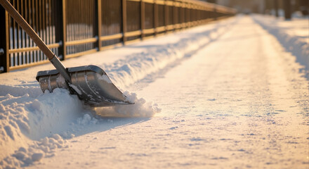 A snow shovel clearing a path from fresh snow on a sidewalk. Manual winter work and seasonal chore in the golden morning sun
