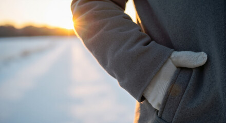 A person's hand in a warm glove tucked into a grey coat pocket. Winter walk in a snowy landscape during a golden hour sunset. Atmospheric and cozy scene