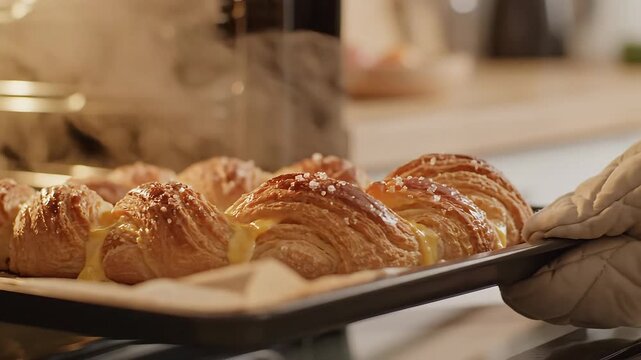 A close-up shot captures the precise moment a person, wearing a protective beige oven mitt, carefully removes a baking sheet filled with several freshly baked, golden-brown croissants from a steaming.