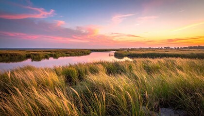 Scenic wetland landscape with tall grass and calm river during colorful pink sunset. Nature concept