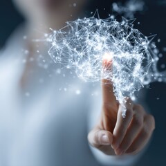 A finger touching a luminous networked brainlike structure