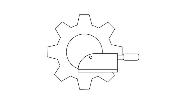 A black outline of a gear with a cleaver cutting through the center circle