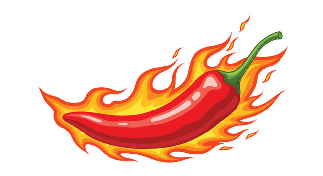 A powerful vector illustration of a fiery red hot chili pepper engulfed in bright orange and yellow flames, symbolizing intense heat and spicy flavor.