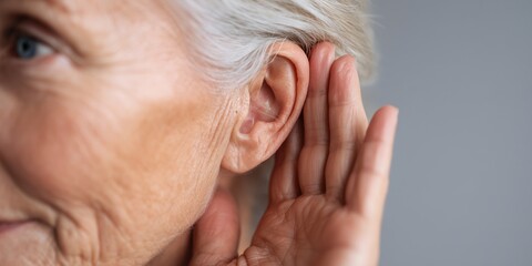 Close up of a senior woman cupping her hand behind her ear to hear better.