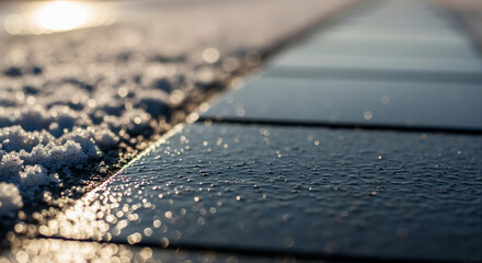 Macro shot of melting snow and frost on a dark surface. Close-up of water droplets and ice crystals in the morning sun. Abstract winter background with golden light
