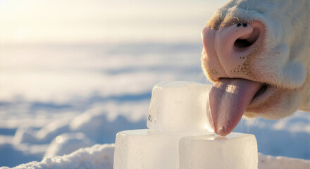 A close-up of a funny white cow licking a stack of ice cubes in the snow. Curious farm animal tasting frozen water during a cold winter day