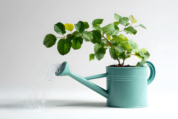 a plant is sprouting out of a watering can