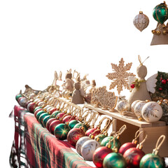 Vibrant Christmas ornaments and decorations on display at holiday market
