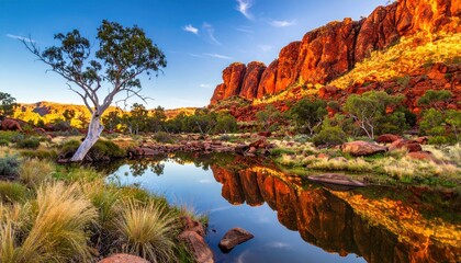 Scenic canyon landscape with rugged red rock cliffs reflecting in calm water pool at sunset. Nature concept