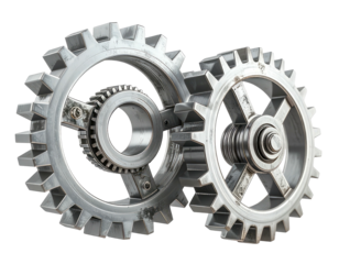 Two interlocked metal gears, detailed and against a transparent backdrop