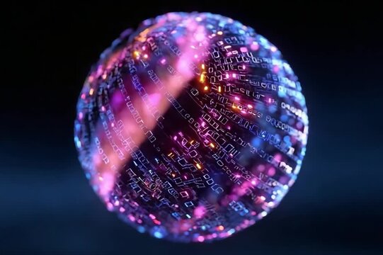 Digital Sphere of Code: An illuminated orb of binary code glows with a network of data, representing the complexity of digital age. A sphere of data and information.