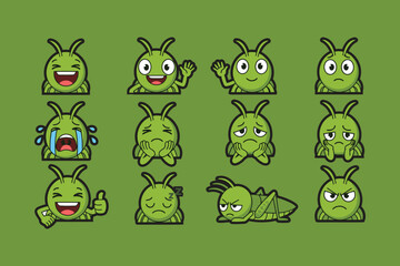 Obraz premium Cute Green Grasshopper Cartoon Emoticons Expressing Different Emotions and Moods on Green Background