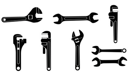 Assorted black wrench tool silhouettes Simple mechanic and plumber icons on white EPS10 Stock.eps