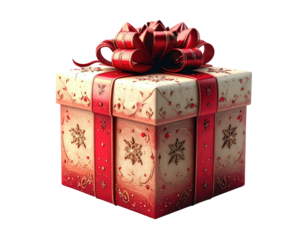 Festive gift box with intricate design and a large red bow