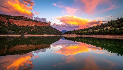 Scenic red rock cliffs reflecting on calm lake water during dramatic fiery sunset. Nature concept