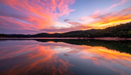 Scenic red rock cliffs reflecting on calm lake water during dramatic fiery sunset. Nature concept
