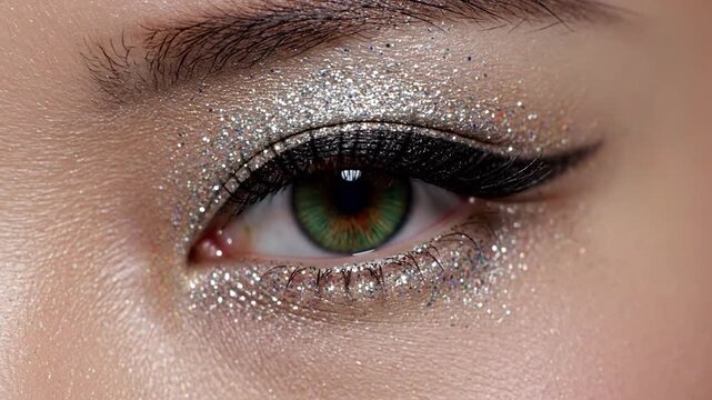 Close-up Eye Makeup Tutorial with Glitter and Eyeliner.