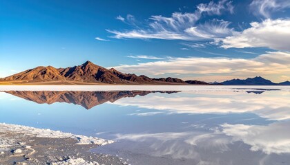 Breathtaking panoramic view of salt flat landscape with mountain reflection under blue sky. Nature concept