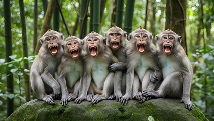 Obraz premium Two Monkeys Resting on a Mossy Rock in Bamboo Forest. Two macaque monkeys sitting calmly on a moss-covered rock inside a lush bamboo forest.