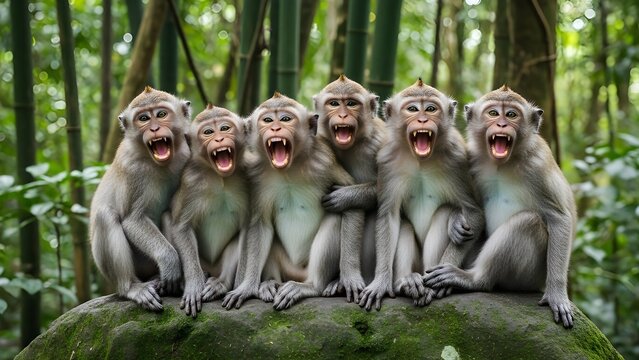 Two Monkeys Resting on a Mossy Rock in Bamboo Forest. Two macaque monkeys sitting calmly on a moss-covered rock inside a lush bamboo forest.