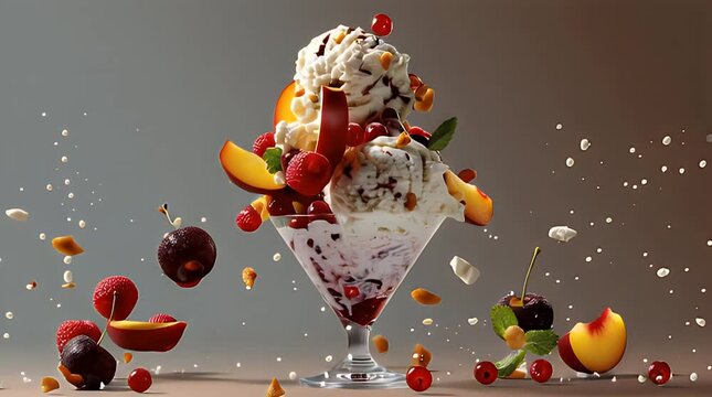 A vibrant dessert sundae features floating scoops of ice cream with a myriad of red fruits and slices of yellow fruits, with a light-colored backdrop