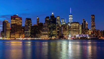 Panoramic city skyline features illuminated modern skyscrapers reflecting on calm water at night. Urban concept