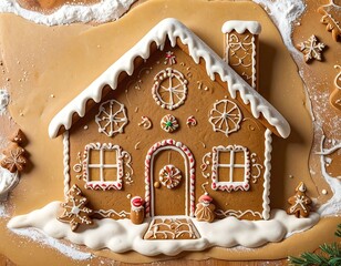 Overhead shot of a beautifully crafted house made of gingerbread, decorated with icing, on a table