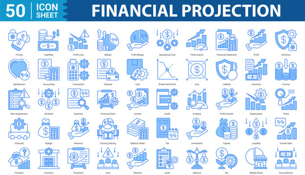 Financial Projection blue style Icon Set Collection Concept With Icon Of pricing, cashflow, profit loss, margin, profit margin, and more. Eps 10