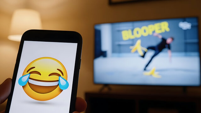 Hand holding phone with laughing emoji watching blooper on TV