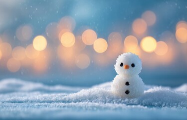 Charming Snowman with Bokeh Glow in Snowy Landscape Winter Background