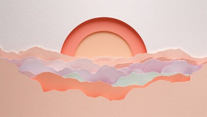 Abstract layered paper cut art featuring a sun rising above soft pastel color landscape for background or design element