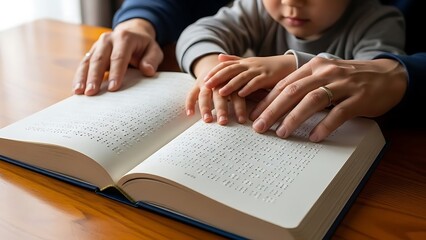 Adult and child hands reading a book together.
