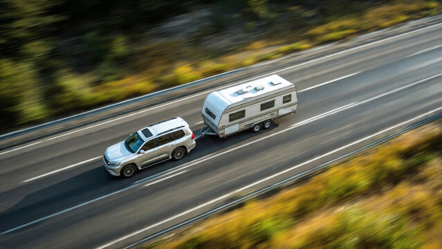 Car Towing Caravan Highway Road Travel Vacation Motion Aerial Landscape Camping Trip