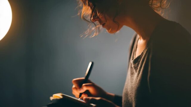 This image captures a pensive woman immersed in writing, surrounded by gentle shadows and warm tones. The scene suggests creativity, journaling, and personal reflection in a tranquil setting