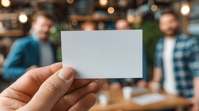 Blank card hand business opportunity teamwork office blurred group people meeting professional creative workspace communication concept planning collaboration modern casual brainstorming success - Powered by Adobe