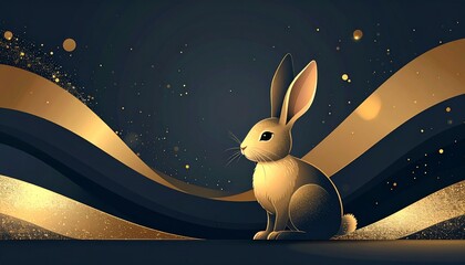 Minimal luxury cartoon New Year background with an elegant rabbit character, soft gold gradient on dark background, clean flat illustration, smooth abstract shapes, refined festive atmosphere, modern 
