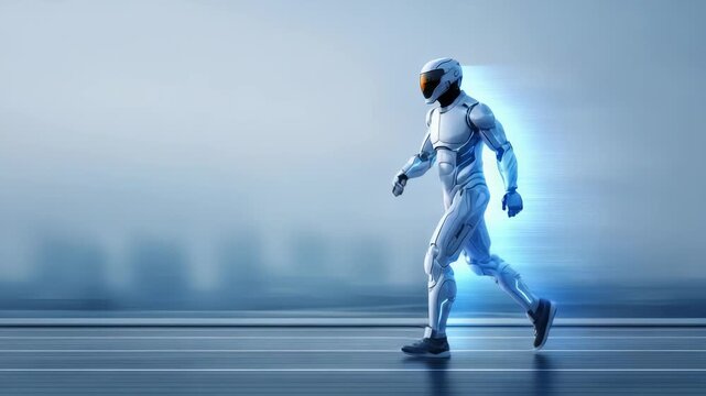 A solitary humanoid robot strides confidently through a modern city, symbolizing the future of artificial intelligence. Blue neon accents highlight the advanced technology and digital evolution