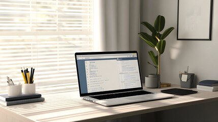 Laptop screen displaying online meeting on a desk with plant