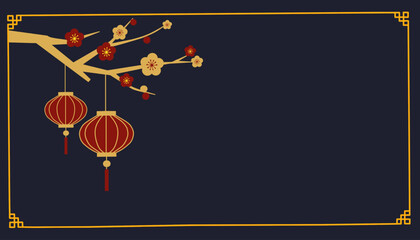 chinese new year banner with  branch, flower and lanterns