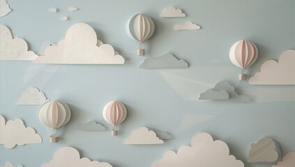 Paper hot air balloons and clouds on pastel blue background decorative illustration