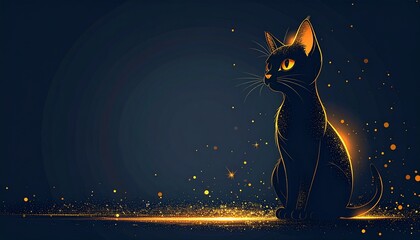 Fototapeta premium Minimal luxury cartoon New Year background featuring an elegant cat character, deep dark background with soft golden glow, clean flat illustration style, smooth rounded shapes, refined festive mood, m