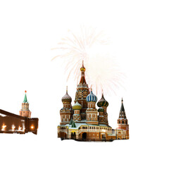 Stunning fireworks display over historic St. Basil's Cathedral in Moscow at night