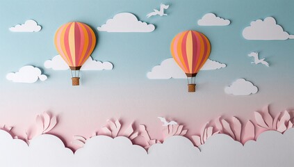 Colorful paper hot air balloons floating among clouds artistic illustration