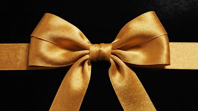 A golden, satin ribbon tied into a bow against a stark black background